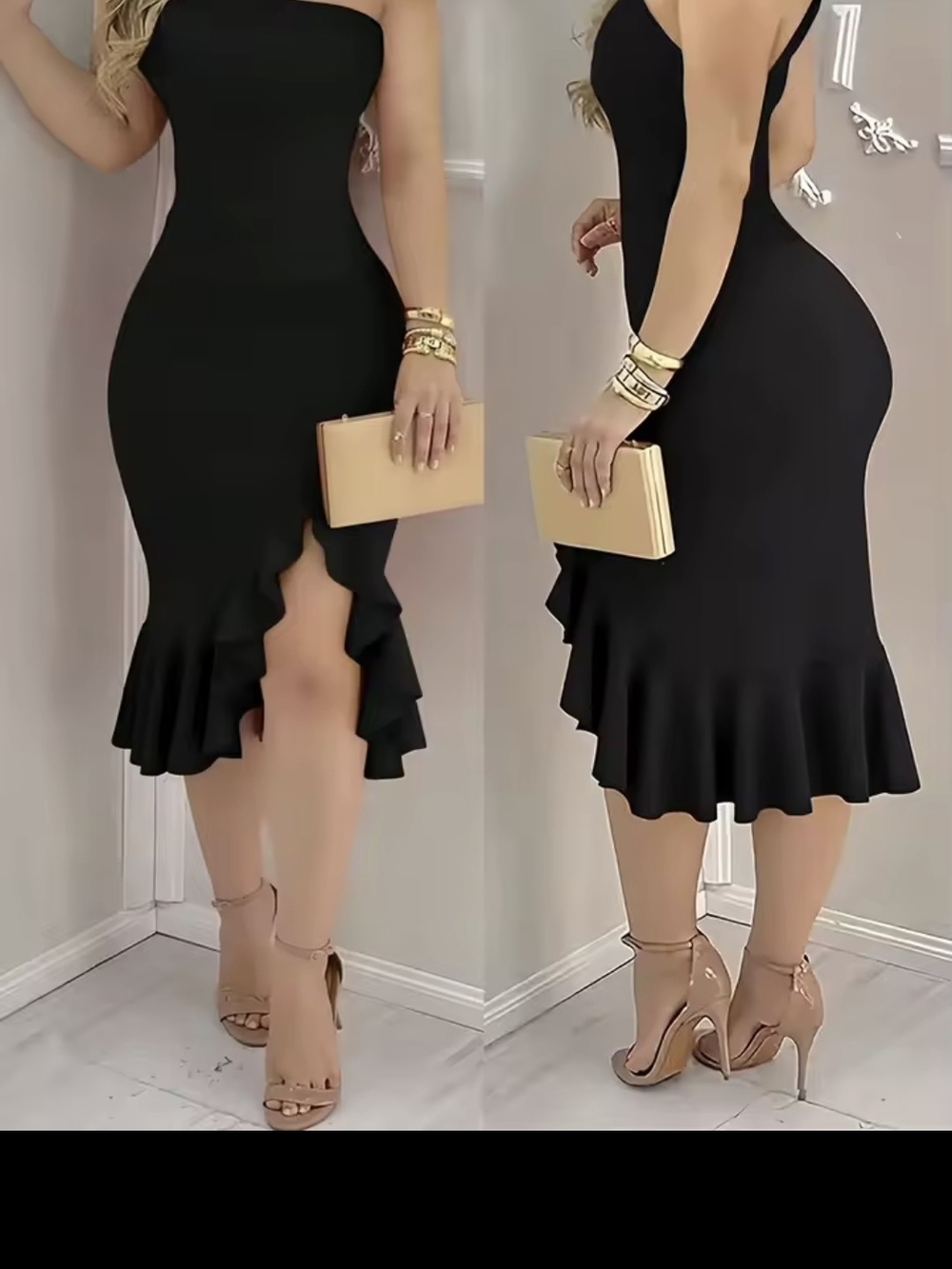 Black Strapless Ruffle-Hem Midi Dress